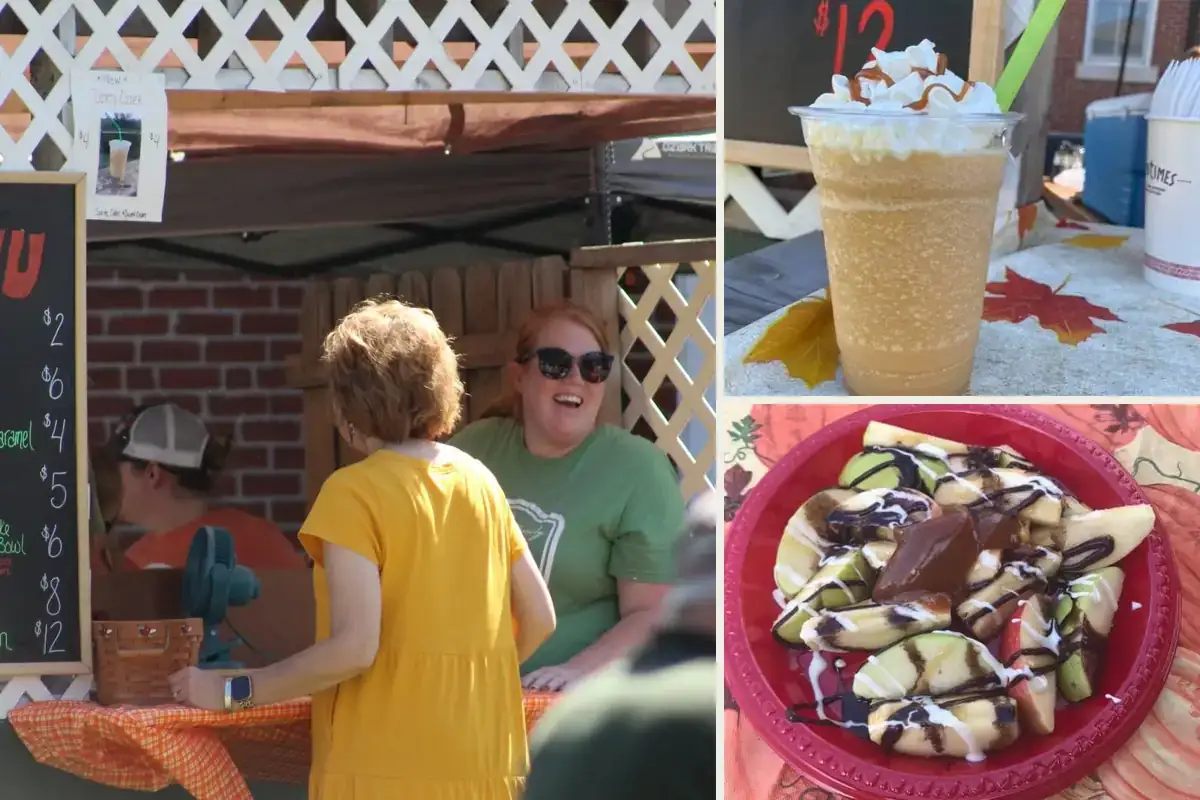 The Apple Shack: the stand behind its lattice, a cider slushee, and a bowl of apples with caramel