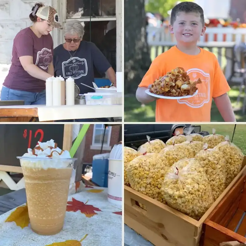 Parish volunteers at the stand, a boy holding a plate of ribbon fries, a cider slushee and bags of kettle corn