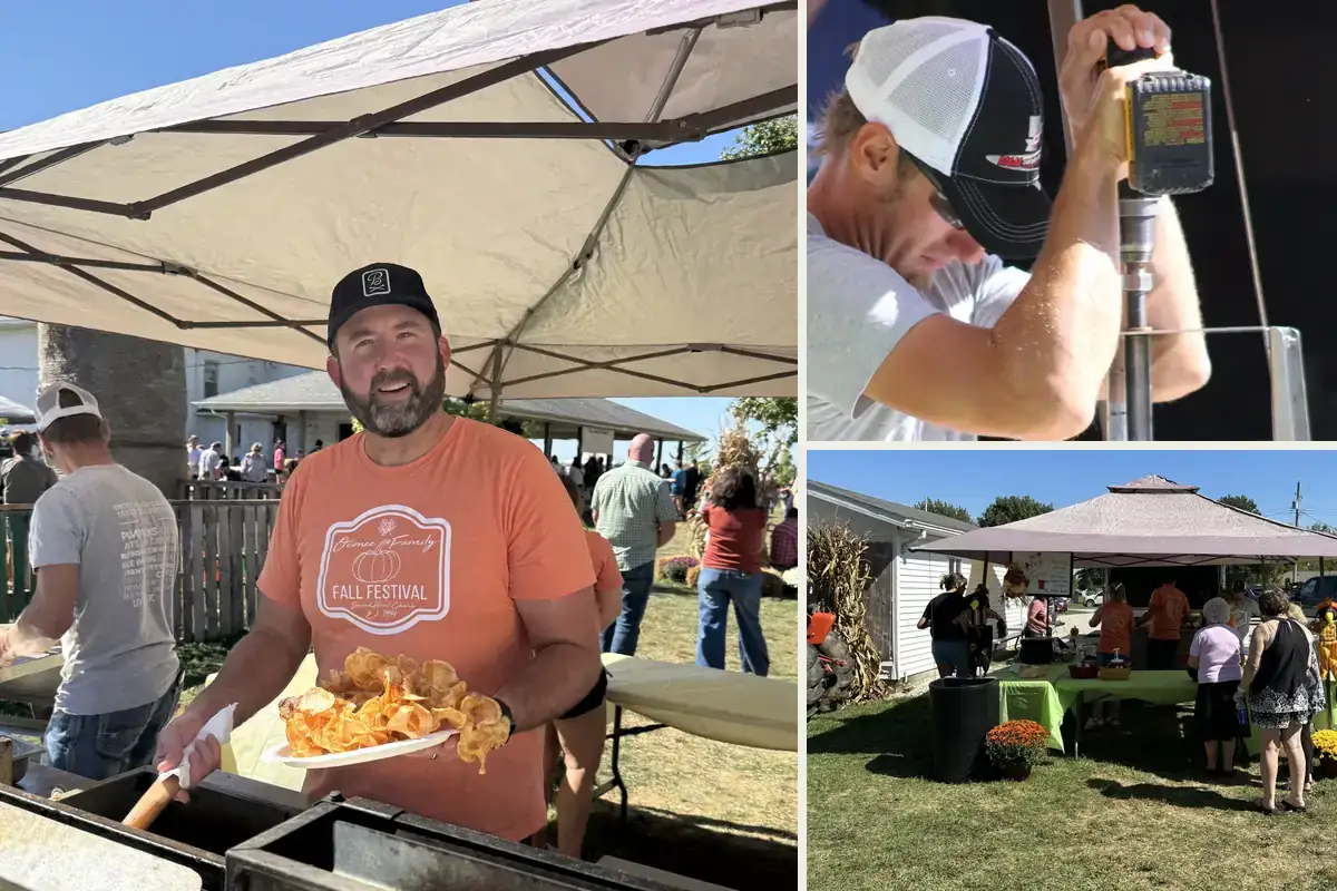 The ribbon fries stand: a volunteer with a fresh plate, the spiral cutter in use, and the stand under its canopy