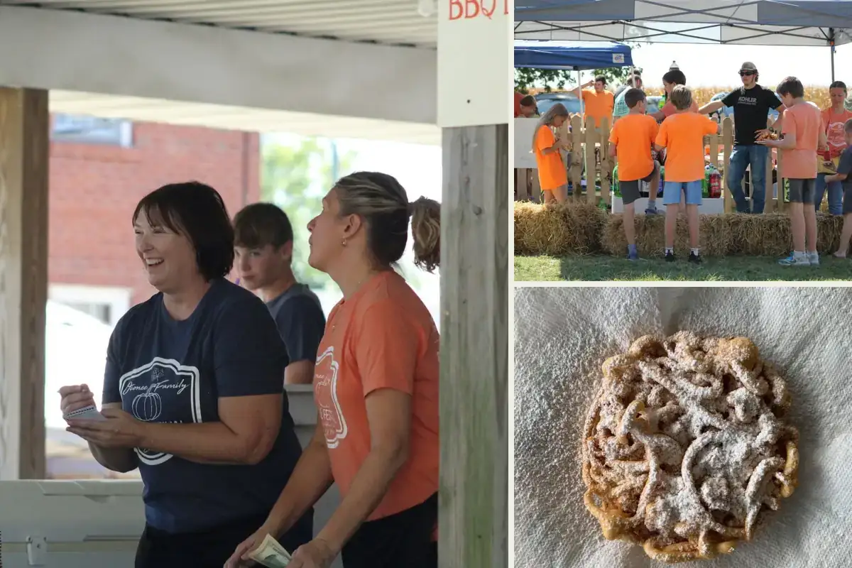 The food stand: volunteers taking orders, the serving window, and a funnel cake
