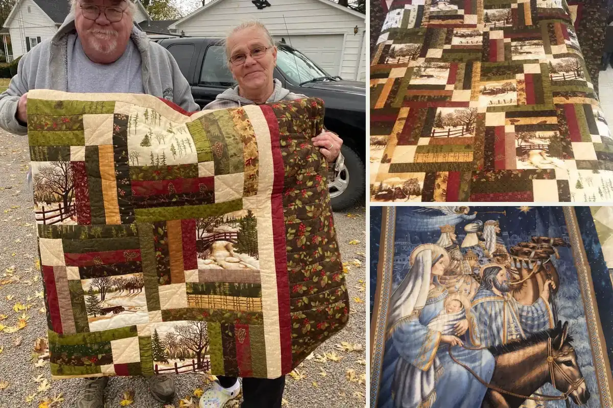 Quilts from recent Sacred Heart raffles, including a winter woodland quilt and a Nativity panel quilt